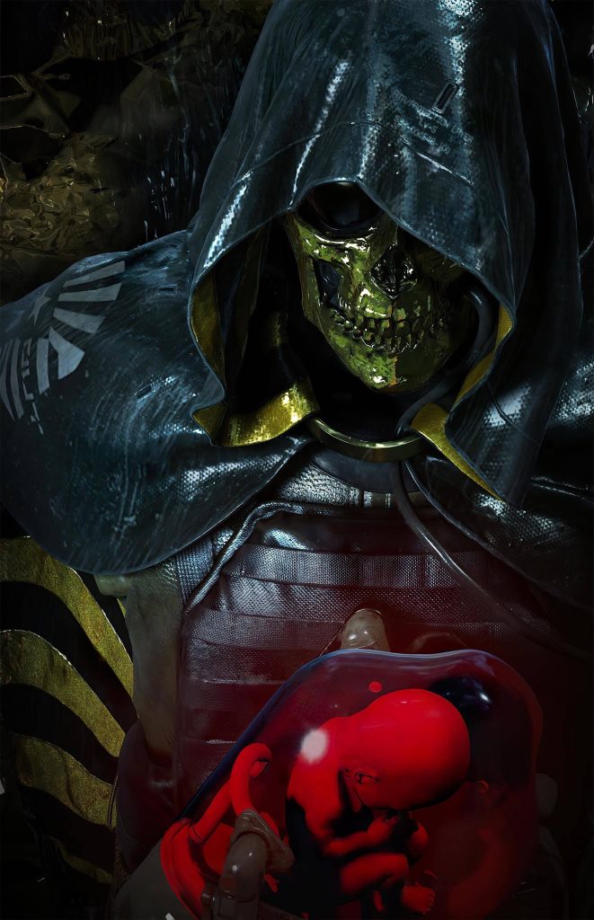 Death Stranding wallpaper with Higgs Monaghan gold skull mask holding glowing red BB unit dark background