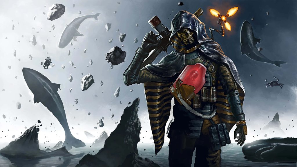 Death Stranding wallpaper with Higgs golden skull mask hooded cloak glowing Bridge Baby whales mist