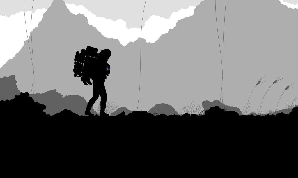 Minimalist Death Stranding wallpaper silhouette of Sam Porter Bridges hiking mountainous terrain with cargo