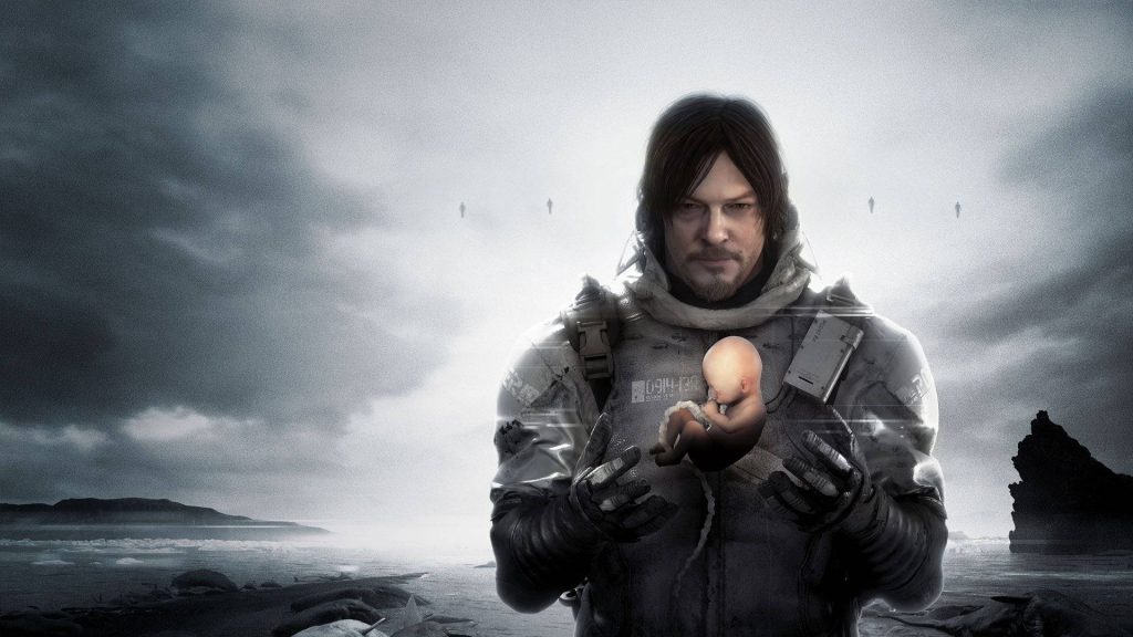 Sam Porter Bridges with BB pod stands on stormy post-apocalyptic shoreline Death Stranding wallpaper