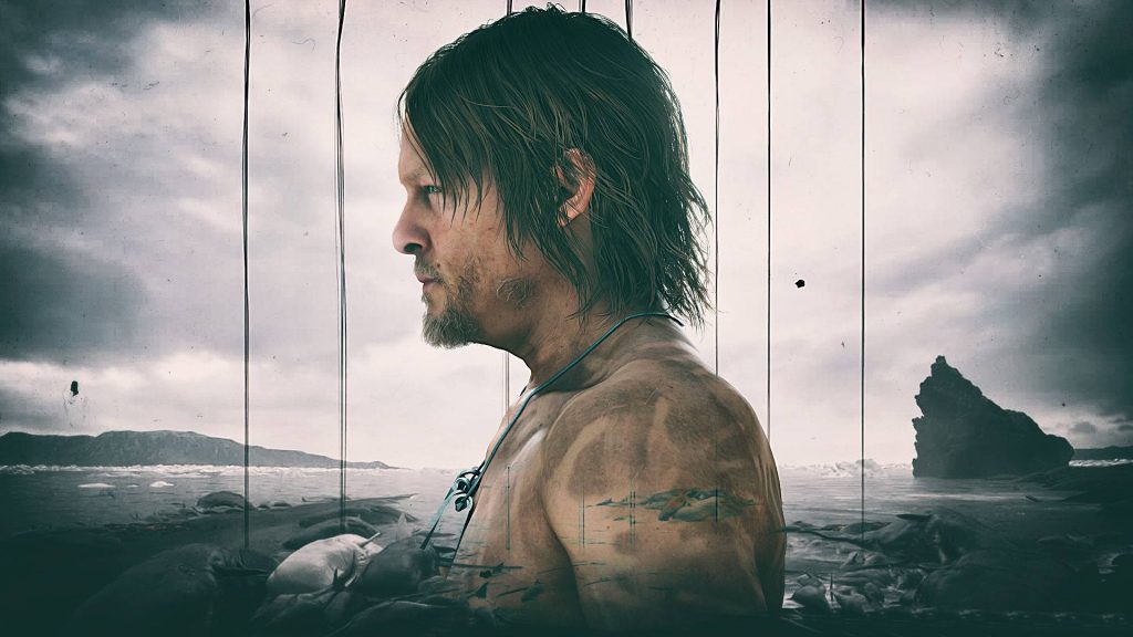 Sam Porter Bridges profile in moody Death Stranding coastal landscape CGI wallpaper background