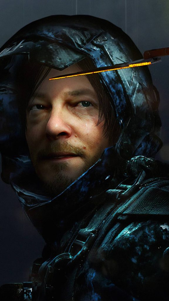 Death Stranding Sam Porter Bridges moody CGI portrait with glowing Odradek iPhone wallpaper background