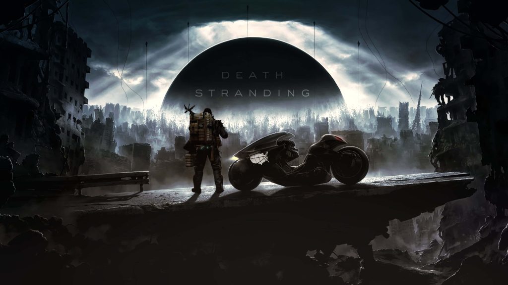 Death Stranding wallpaper with Sam Porter Bridges on Reverse Trike in post-apocalyptic cityscape