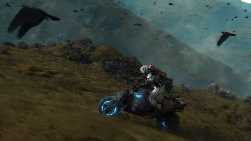 Sam Porter Bridges on glowing Reverse Trike riding through mossy mountains in Death Stranding wallpaper