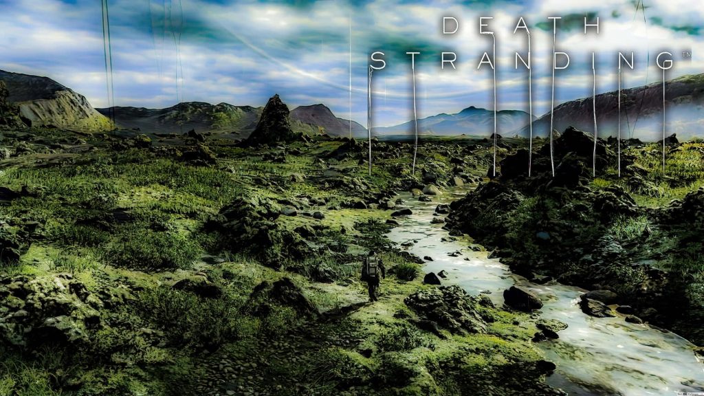 Sam Porter Bridges walks mossy valley beside stream under cloudy sky Death Stranding wallpaper