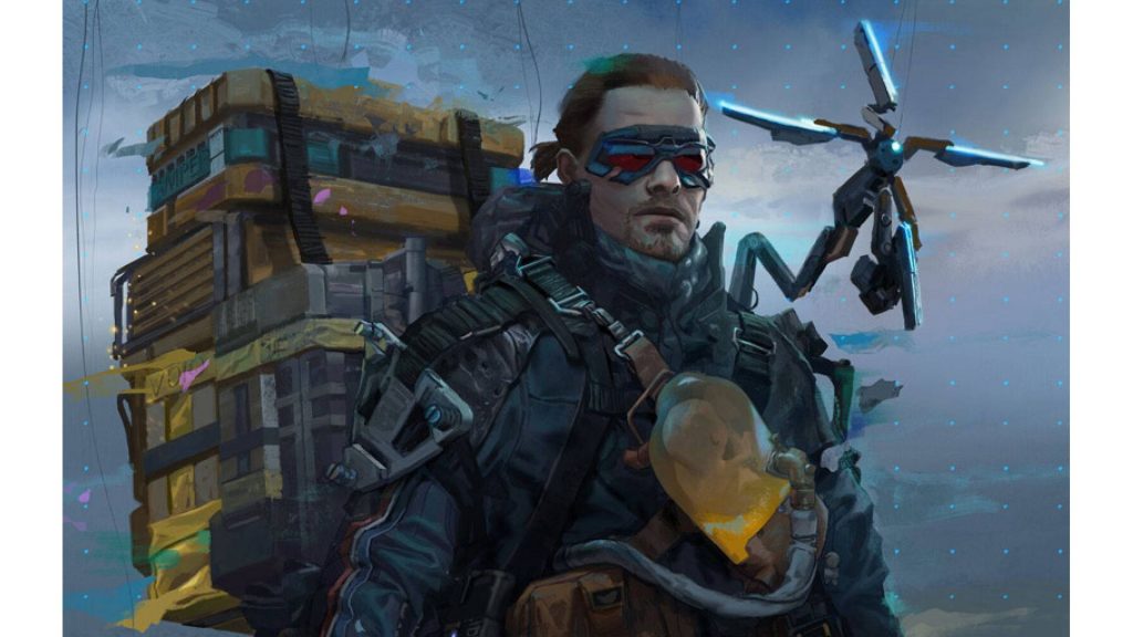 Sam Porter Bridges in tactical suit with Odradek scanner and cargo Death Stranding art wallpaper