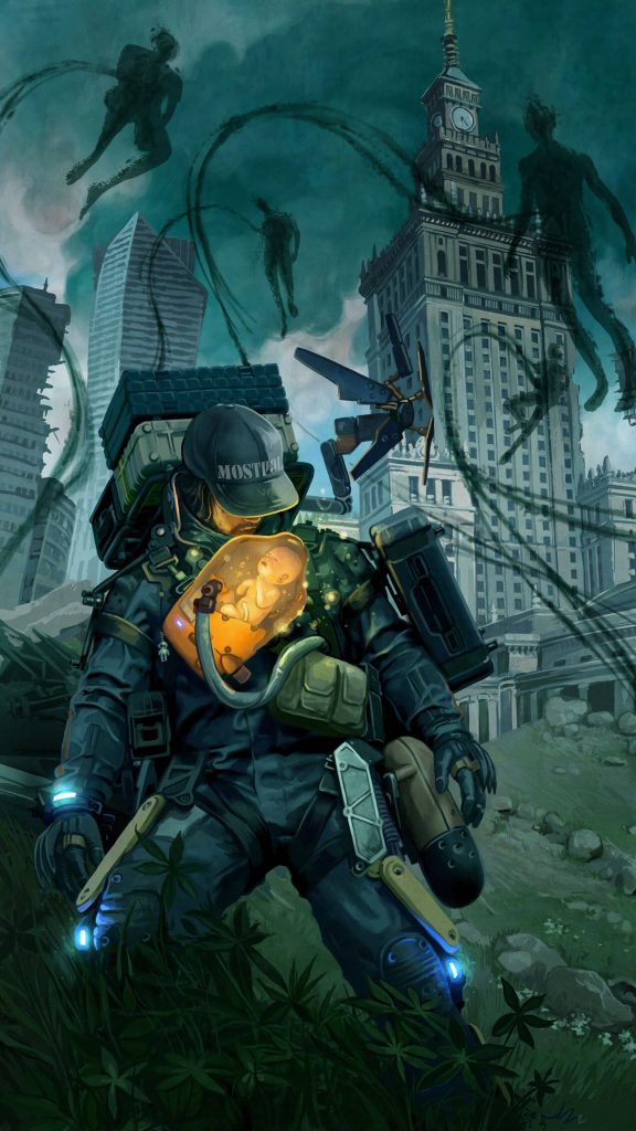Death Stranding digital art of Sam Porter Bridges with glowing BB pod in ruined teal cityscape Wallpaper
