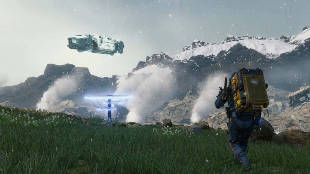 Death Stranding wallpaper Sam Porter Bridges trekking lush field snow mountains futuristic structures