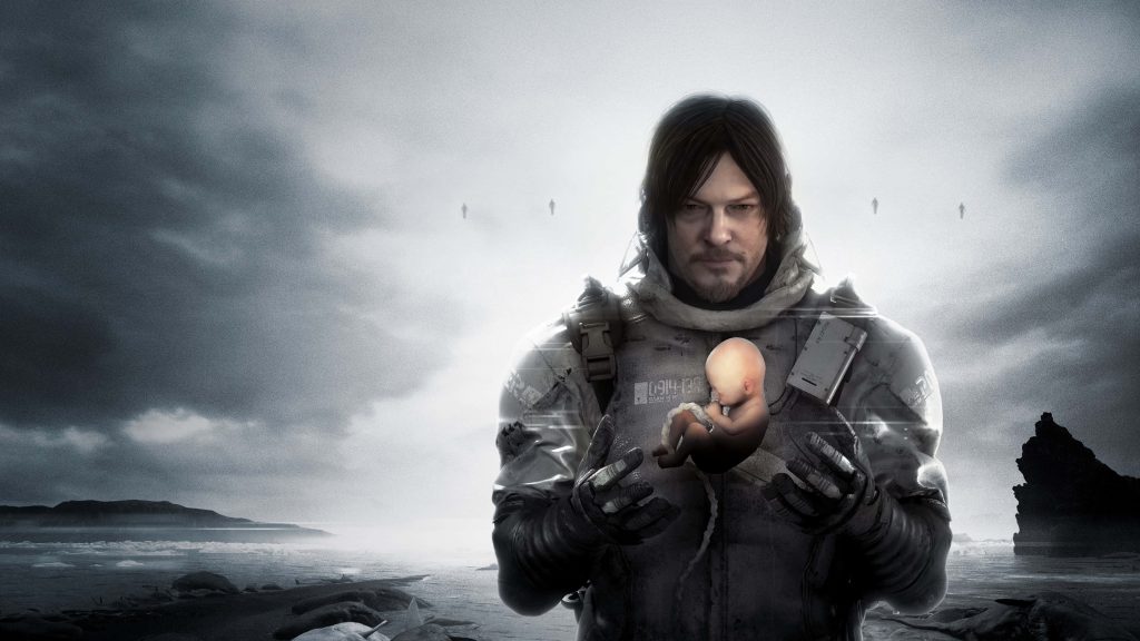 Norman Reedus as Sam Porter Bridges holding Bridge Baby in stormy Death Stranding coastal scene Wallpaper