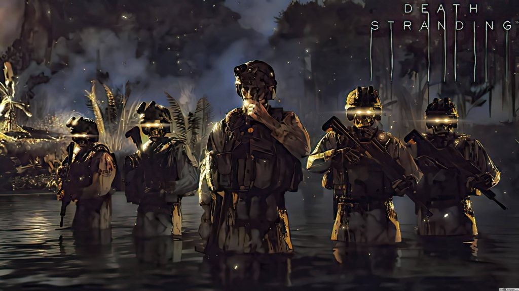 Five eerie skeleton soldiers in tactical gear wade through misty dark waters Death Stranding wallpaper