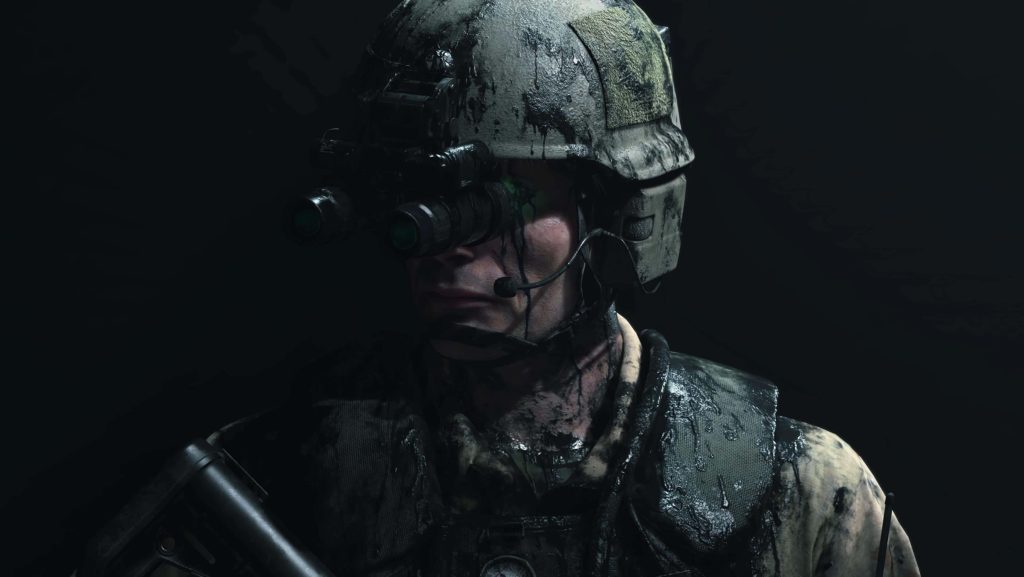 CGI Death Stranding wallpaper soldier in black chiral matter with night-vision gear dark gaming background