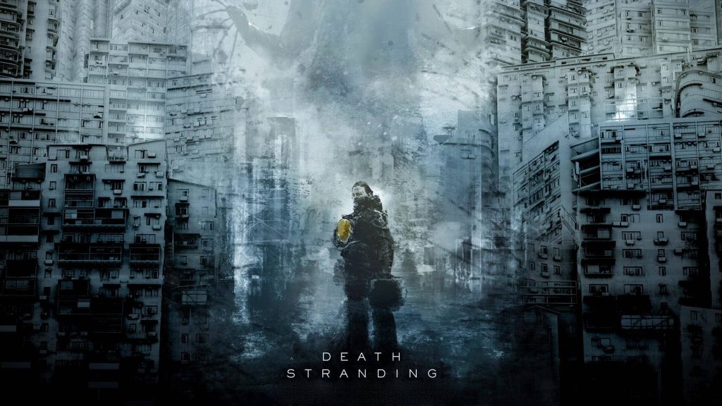 Death Stranding Sam Porter Bridges in foggy dystopian city carrying glowing yellow BB pod wallpaper