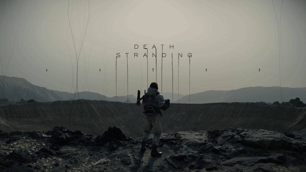 Sam Porter Bridges on crater edge overlooking tethered BTs in eerie Death Stranding landscape Wallpaper