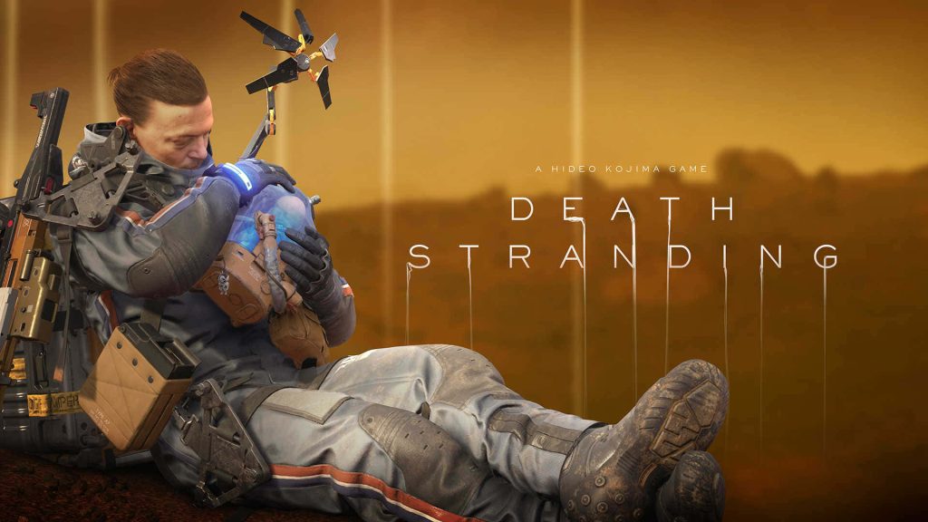 Sam Porter Bridges holding Bridge Baby pod in desolate golden Death Stranding landscape wallpaper