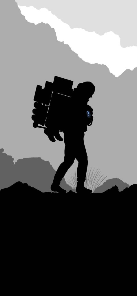Death Stranding iPhone wallpaper minimalist Sam Porter Bridges silhouette with glowing Odradek light