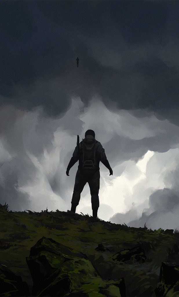 Death Stranding iPhone wallpaper Sam Porter Bridges silhouette stormy sky rocky terrain