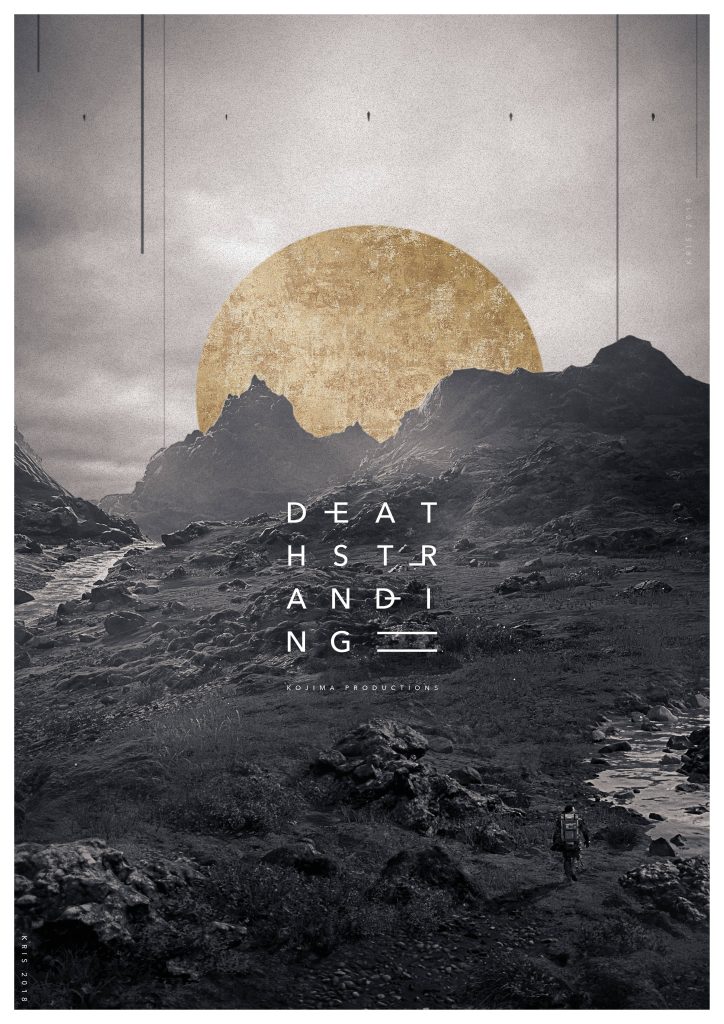 Death Stranding iPhone wallpaper Sam Porter Bridges trekking jagged mountains gold sun background