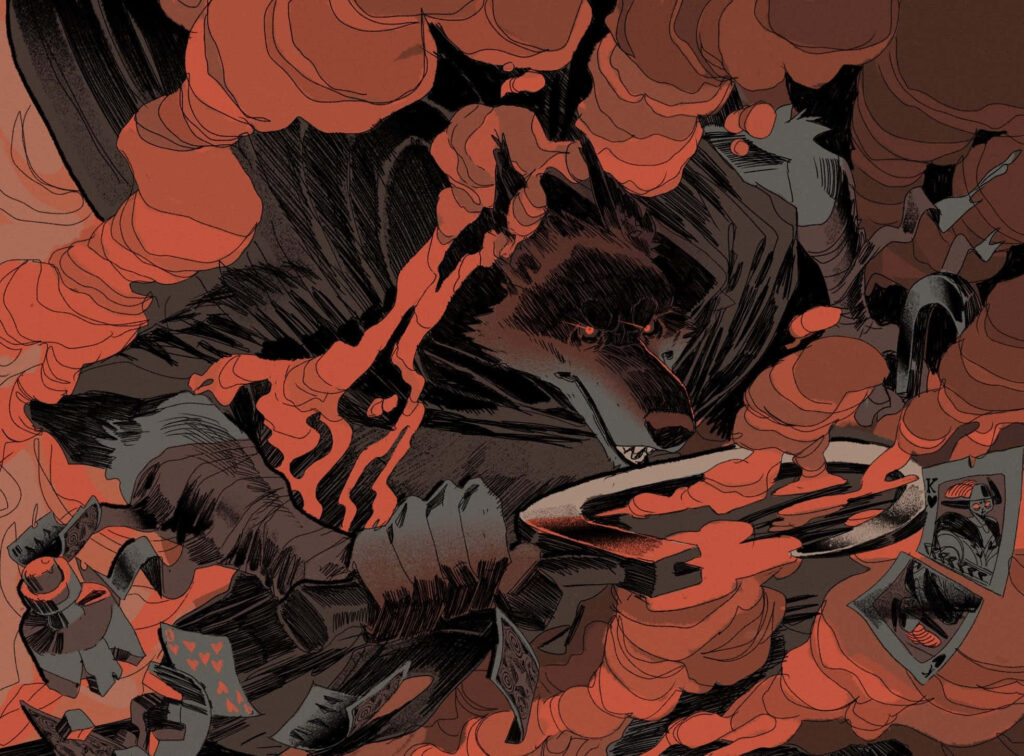 Death from Puss in Boots in a dramatic battle scene with bold lines and vivid red accents Wallpaper