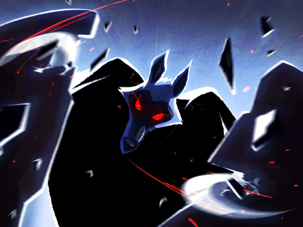 Death from Puss in Boots poised for battle with intense red eyes and dynamic dark shards background Wallpaper