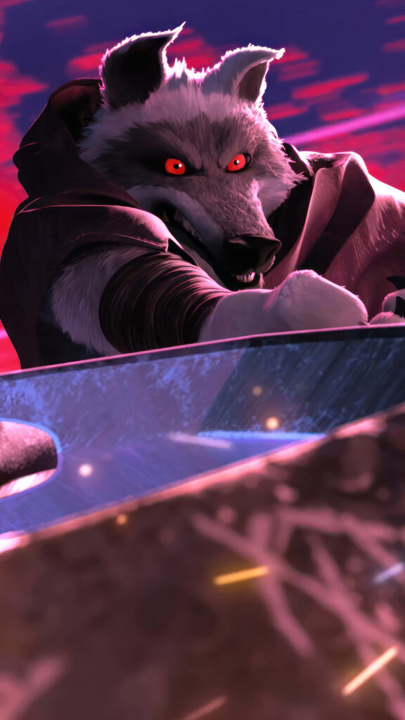 Death from Puss in Boots intense wolf with red eyes bold red and purple cinematic wallpaper background
