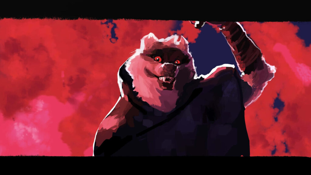 Death from Puss in Boots dynamic artwork wallpaper with bold brushstrokes on red background