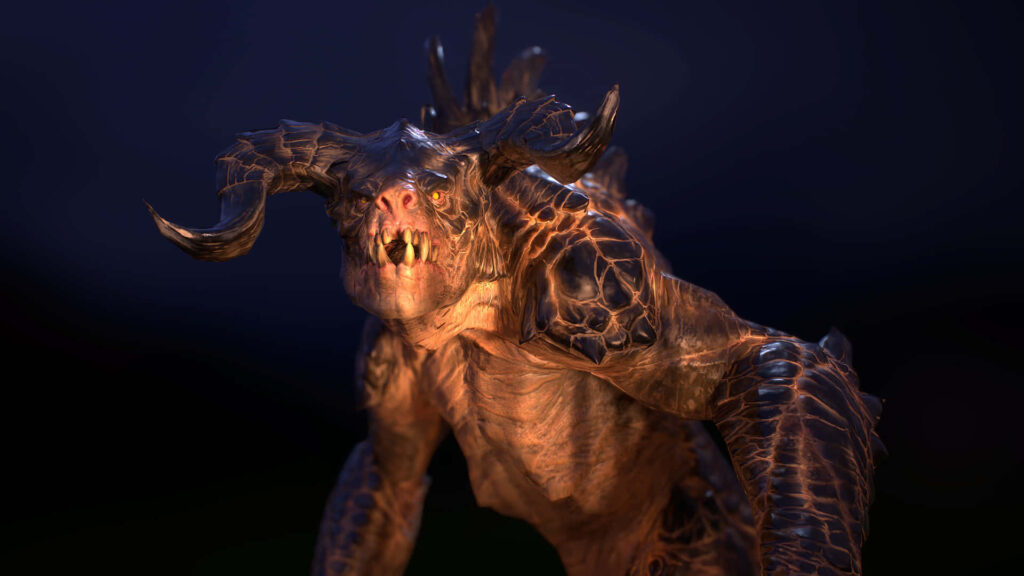 Detailed Fallout Deathclaw with sharp teeth horns and rugged scales in dramatic lighting wallpaper