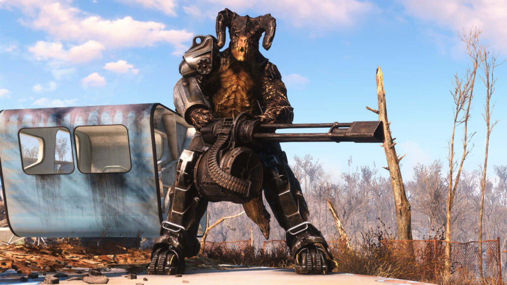 Deathclaw in advanced power armor wielding massive minigun in Fallout post-apocalyptic landscape Wallpaper