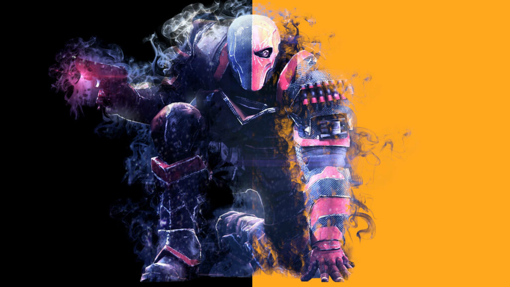 Deathstroke crouched in dynamic pose with smoky effects black and orange high contrast wallpaper