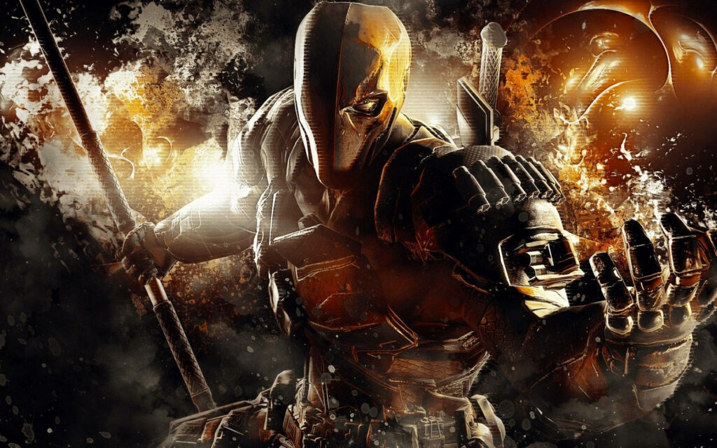 Deathstroke DC Comics armored suit fiery orange metallic silver gritty smoky background wallpaper