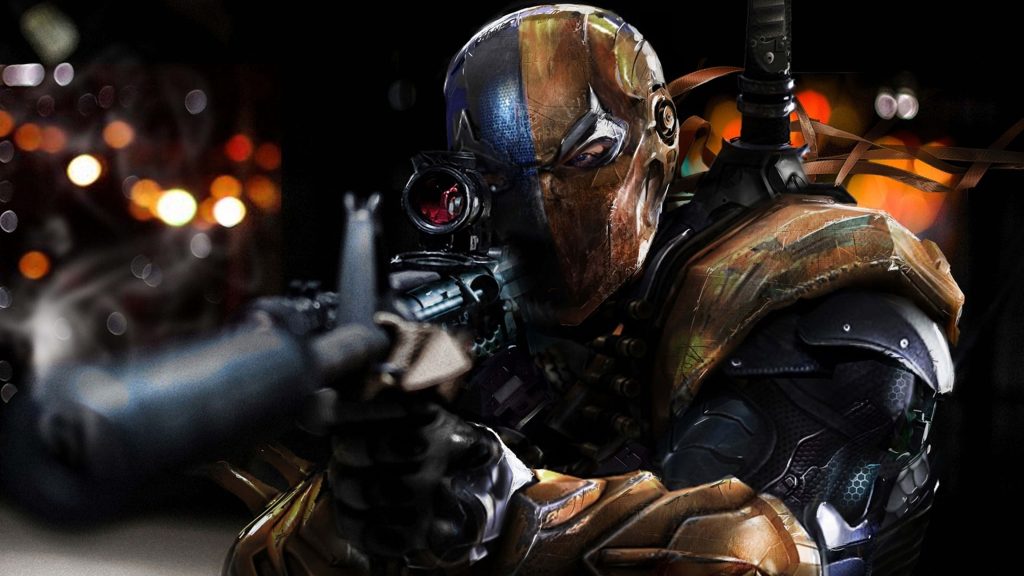 High-definition digital art of Deathstroke aiming rifle in tactical armor with dark bokeh background Wallpaper