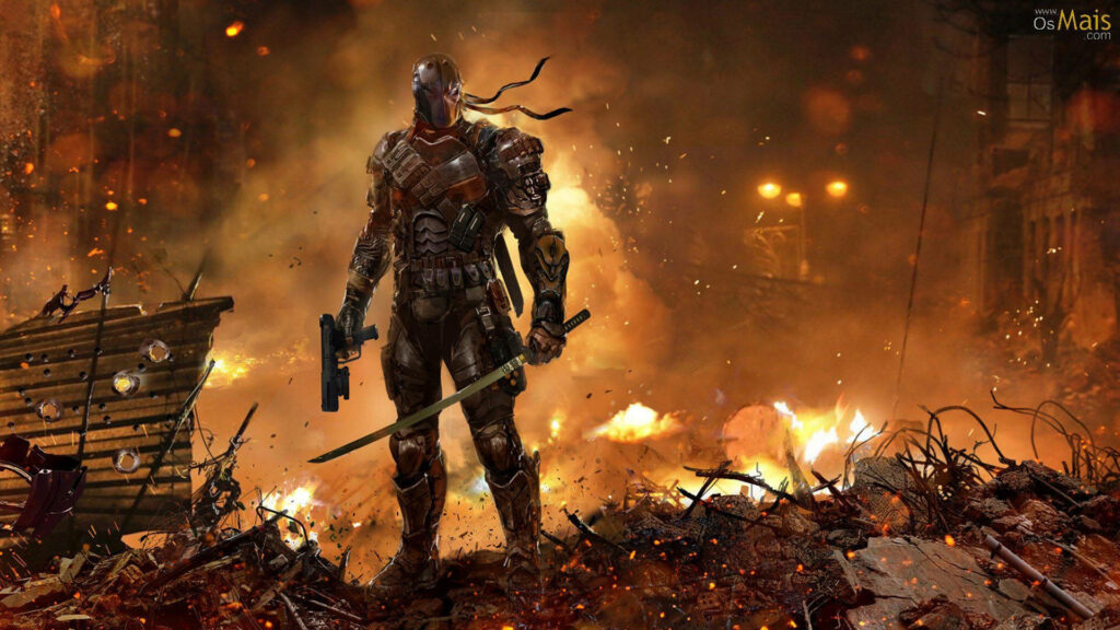 Deathstroke armored warrior with sword and gun amid fiery destruction wallpaper background