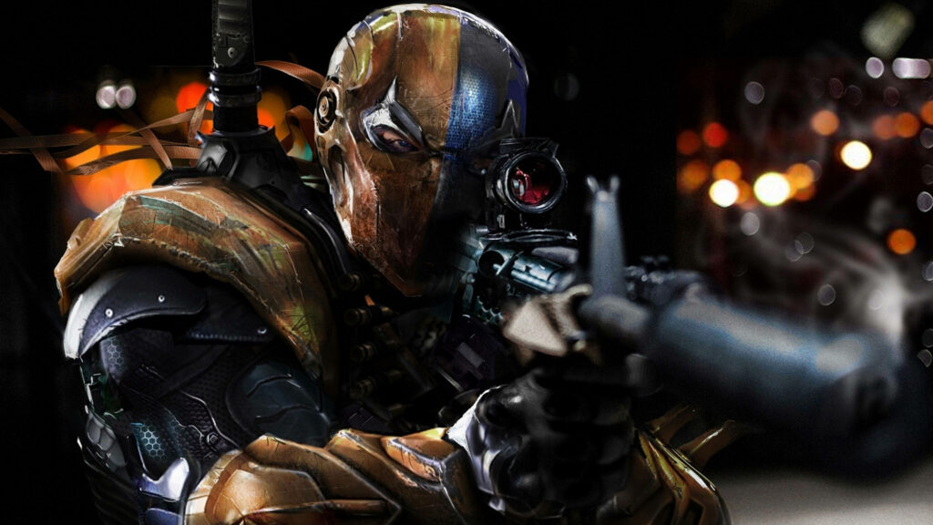 Deathstroke in half black orange armor aiming weapon gritty hyper real wallpaper background
