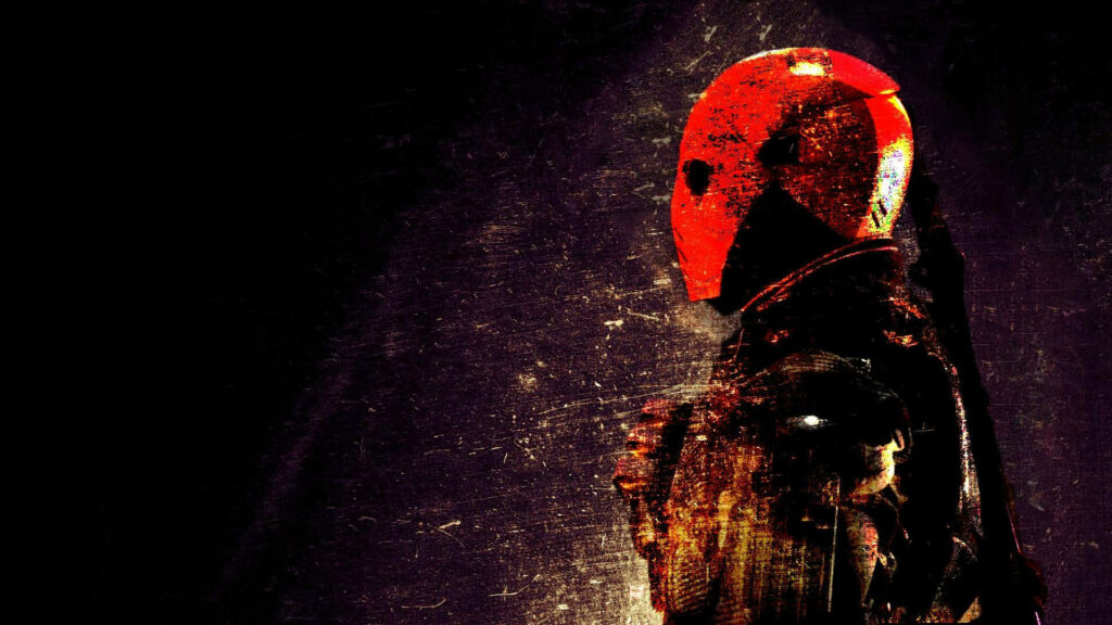 Deathstroke master assassin in gritty orange and black helmet on dark textured DC Comics wallpaper