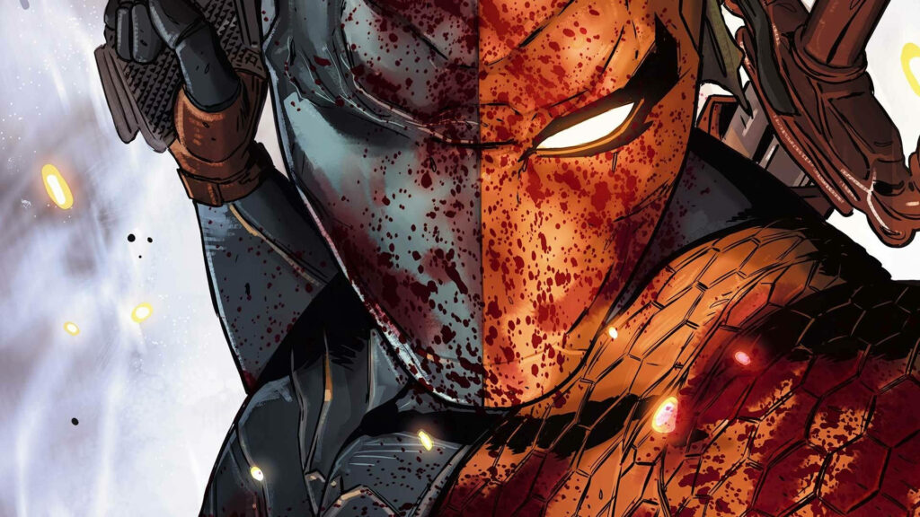 Deathstroke mercenary assassin in blood-spattered mask intense glowing eye comic book art wallpaper