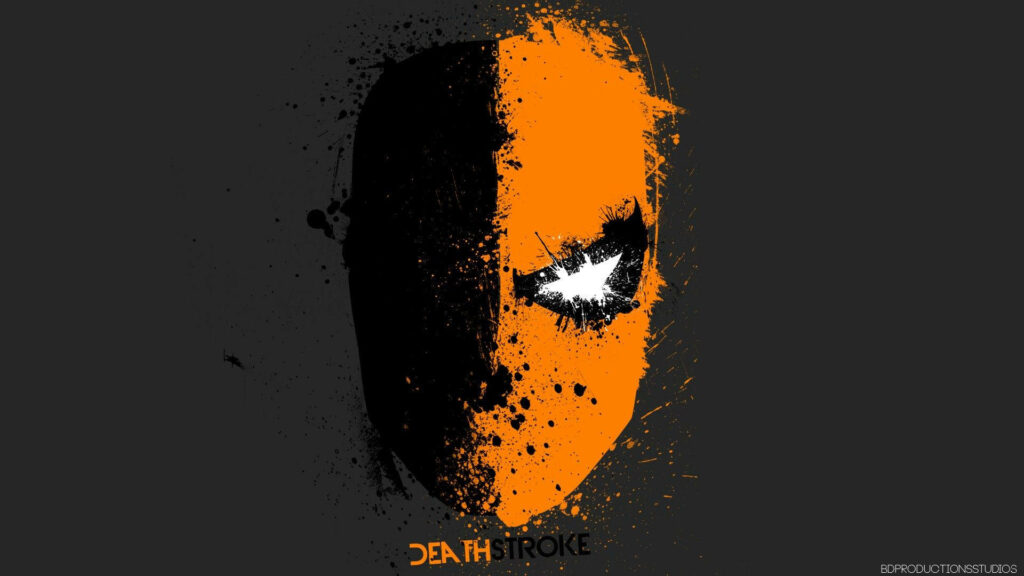 Minimalist Deathstroke mask wallpaper with orange and black split design and white eye detail