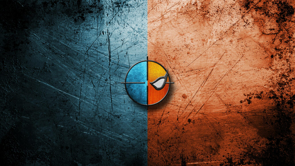Deathstroke wallpaper with blue and orange textures featuring iconic mask and logo design