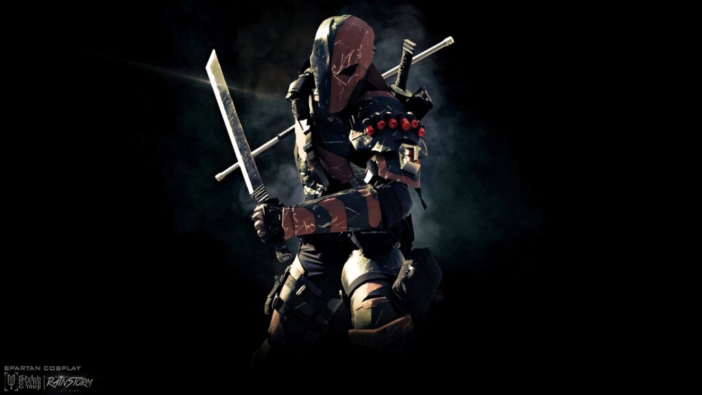Deathstroke in armored costume holding sword against dark cinematic background wallpaper