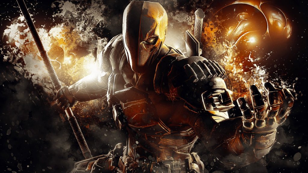 Deathstroke PC gaming wallpaper with tactical armor and explosive orange cinematic lighting