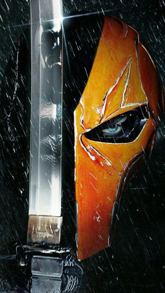 Deathstroke wallpaper with weathered orange black mask and sword in rainy dramatic background