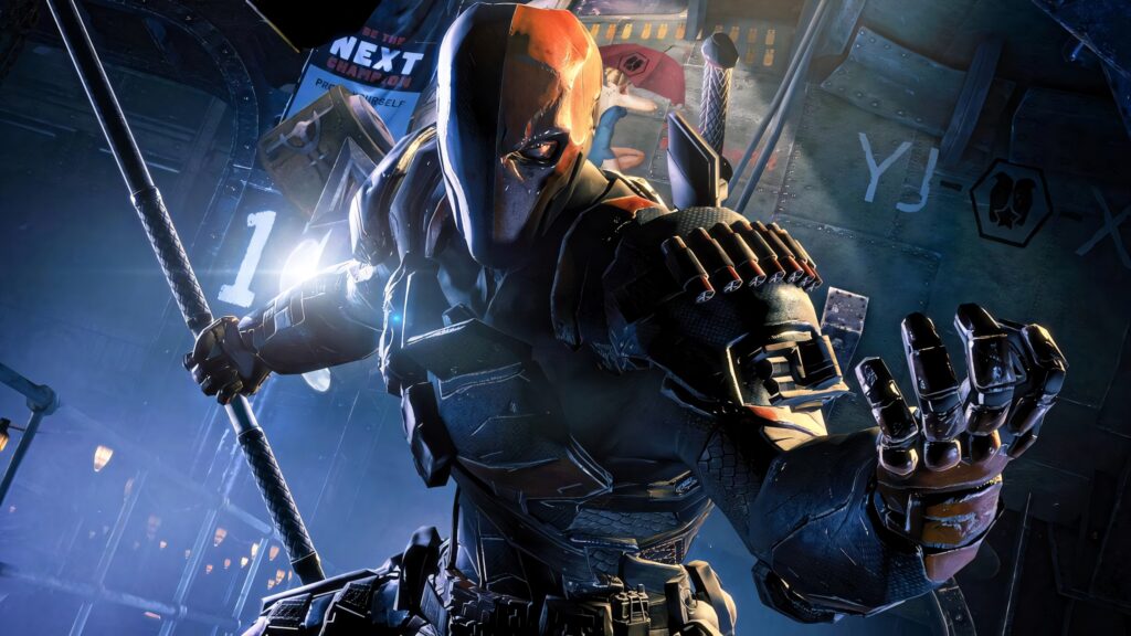 Deathstroke armored assassin ready for battle dark metallic tones intense lighting wallpaper