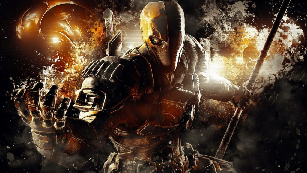 Deathstroke in armored suit with sword and mask in fiery intense Batman Arkham Origins wallpaper