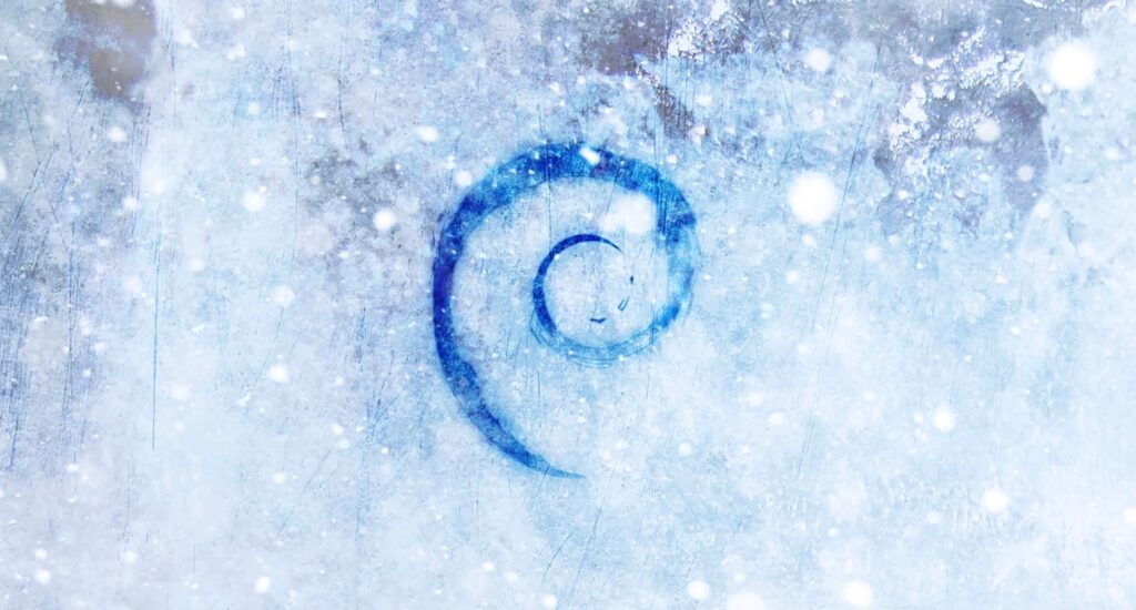 Debian blue swirl logo on icy snow background minimalist cool refreshing wallpaper design
