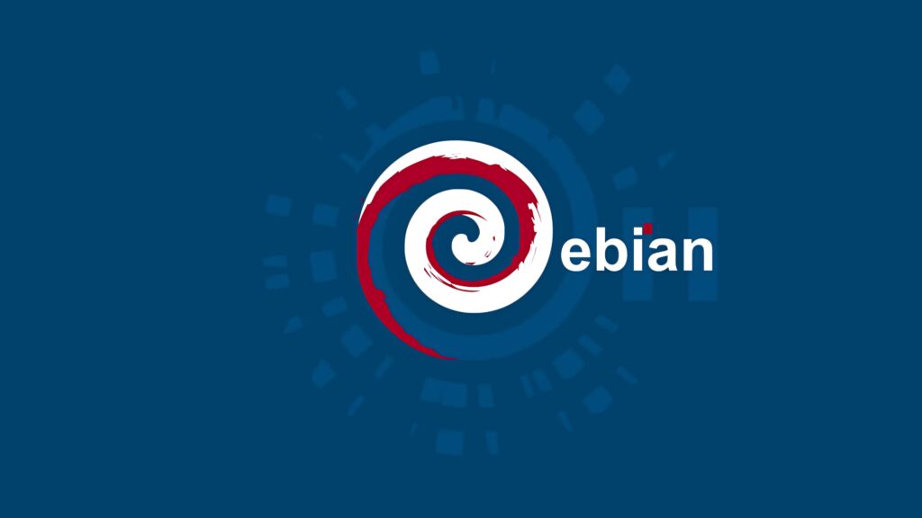 Debian logo red swirl on deep blue background with abstract digital patterns wallpaper