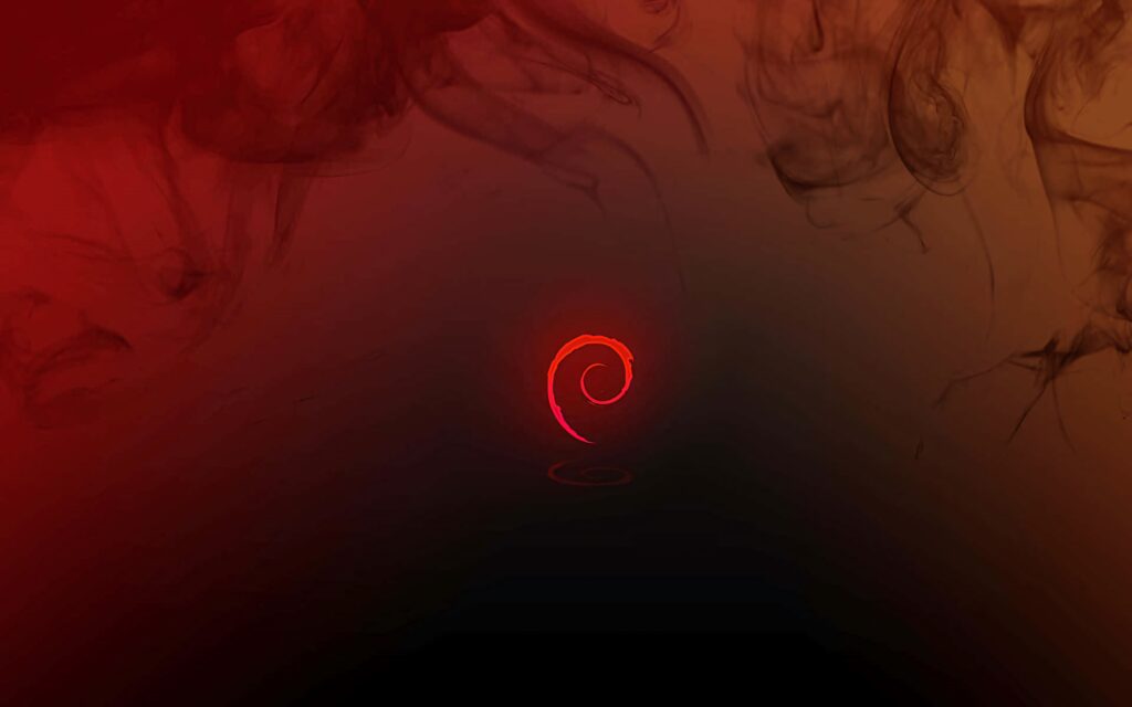 Debian wallpaper with glowing red swirl logo on deep red smoky gradient background minimalist design