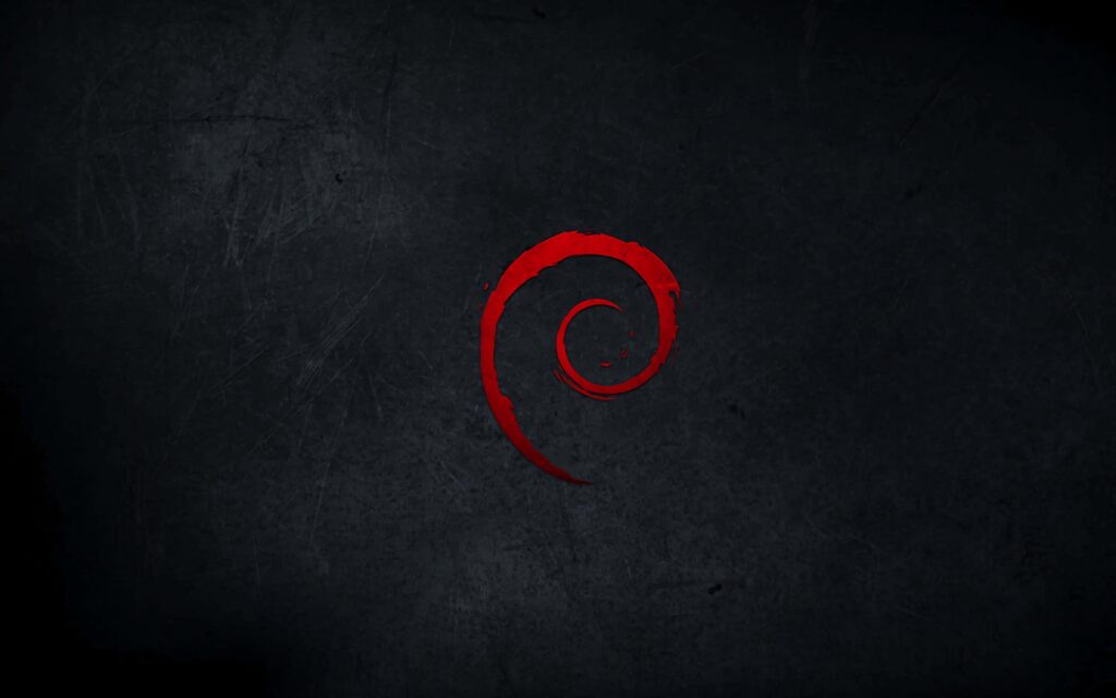 Debian red swirl logo centered on dark textured background minimalist elegant wallpaper