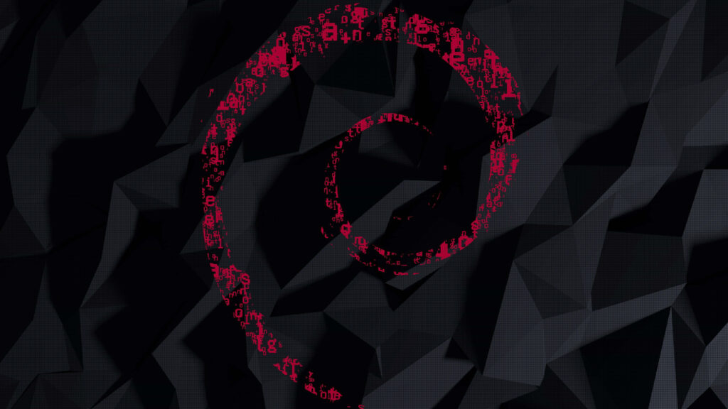 Debian swirl logo in bold red on dark geometric polygonal background tech wallpaper