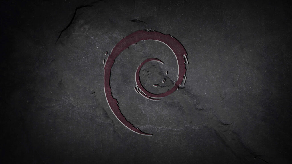 Debian logo red swirl on textured dark grey stone background minimalist open source wallpaper