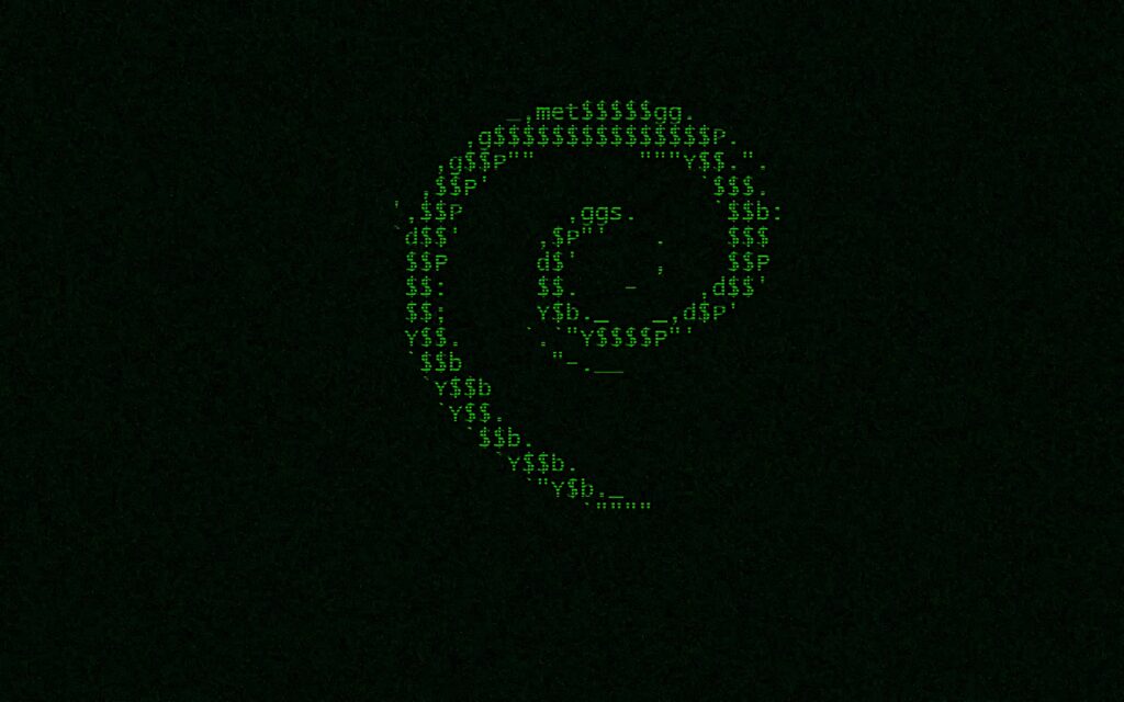 Debian swirl logo in green ASCII art on dark background tech wallpaper open source Linux
