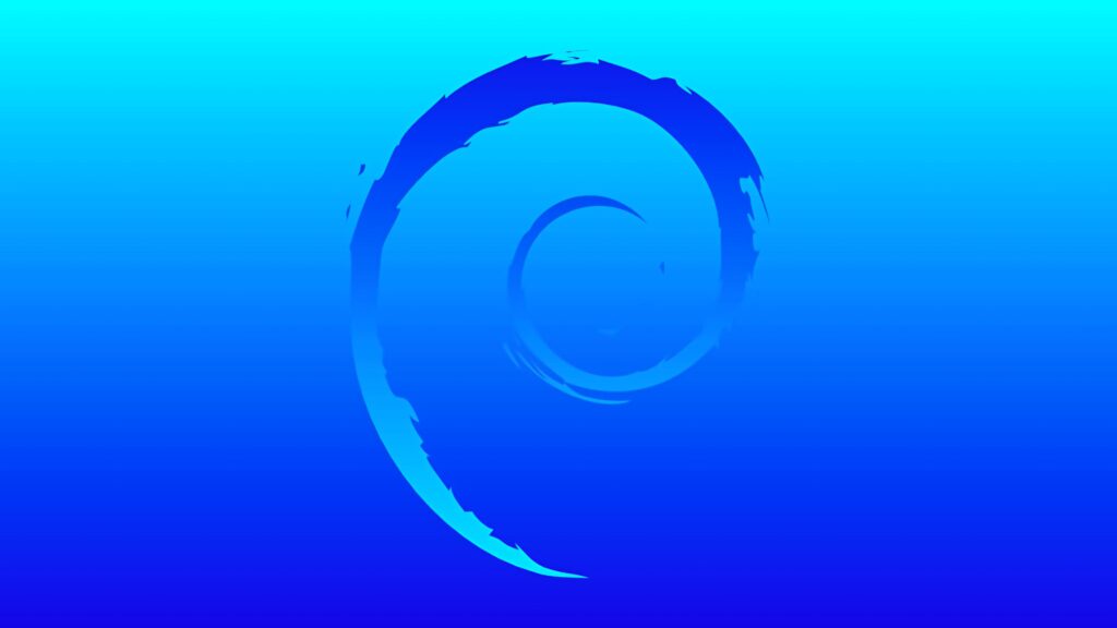 Debian swirl logo on blue gradient background minimalist wallpaper for open source enthusiasts