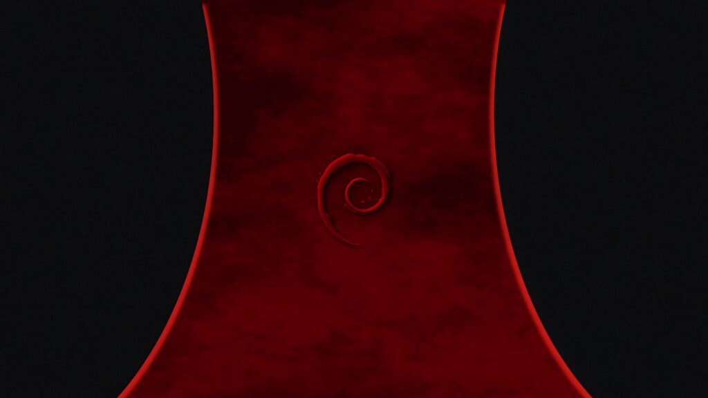 Debian swirl logo embossed on deep red textured background with black sleek edges wallpaper